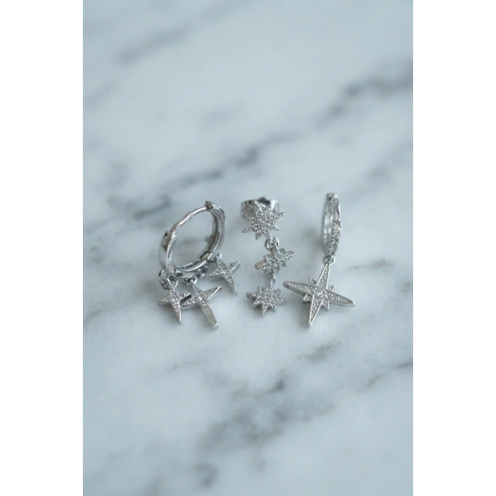 Kutup Yıldızı Model Gümüş Renk 3 lü Küpe Set