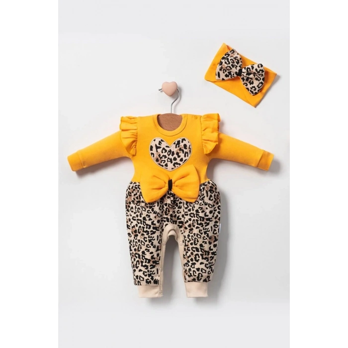 Leopar Desenli Fiyonklu % 100 Pamuk Kız Bebek Tulum
