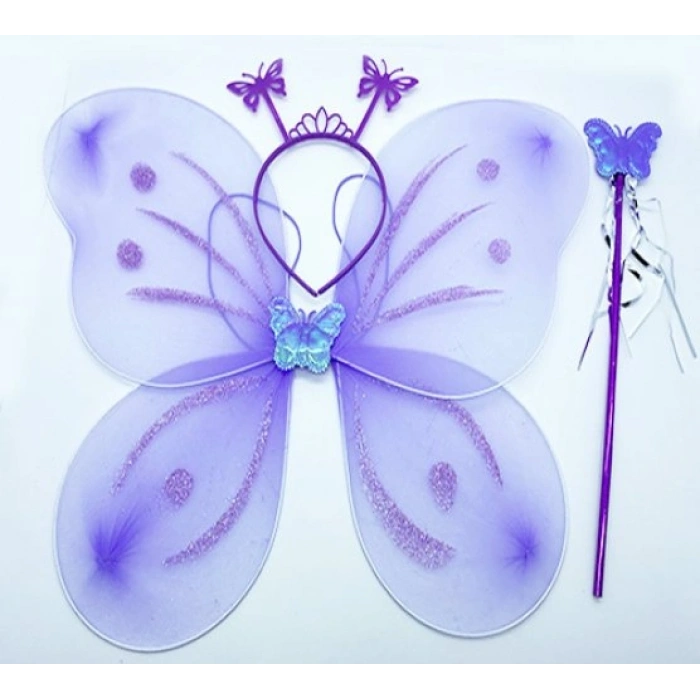 Lila Mor Kelebek Kız Seti – 50 cm Kelebek Kanadı, Taç ve Asa