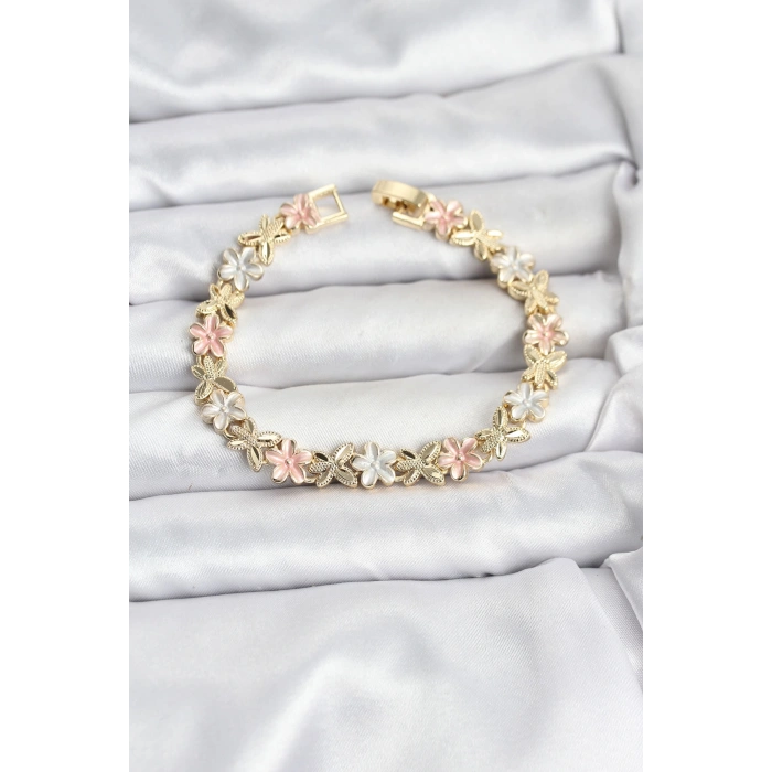 Lotus Model Pirinç Gold ve Pembe Renk Kadın Bileklik