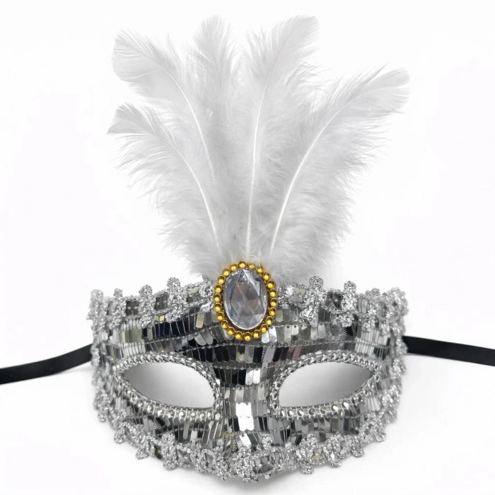 Lüks Gümüş Tüylü Taşlı B Maskesi