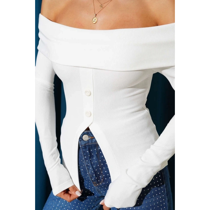 Madonna Yaka Düğmeli Bluz Beyaz
