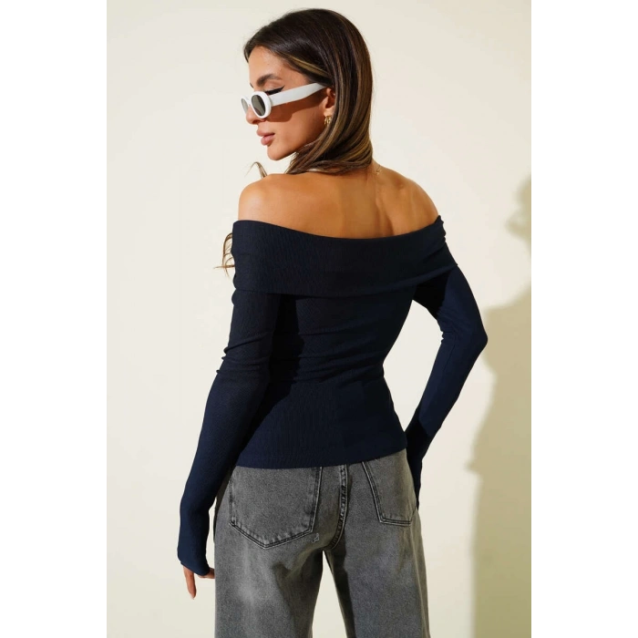 Madonna Yaka Düğmeli Bluz Lacivert