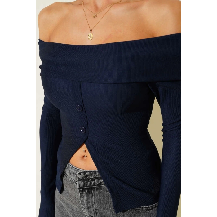Madonna Yaka Düğmeli Bluz Lacivert