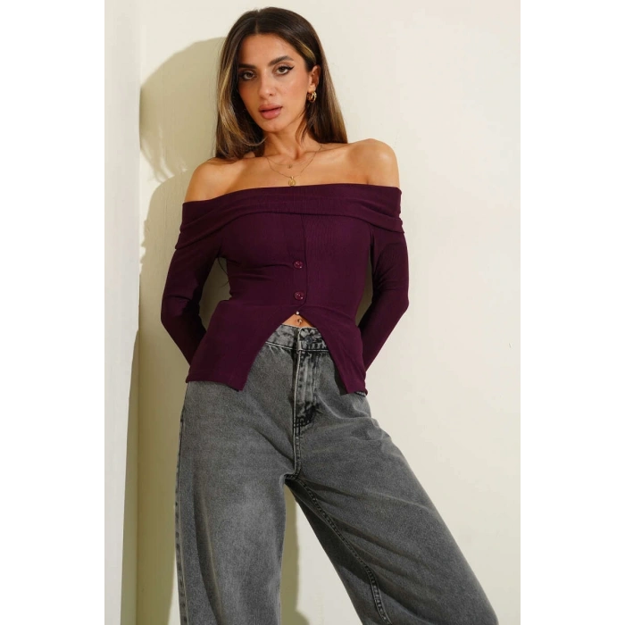 Madonna Yaka Düğmeli Bluz Mürdüm