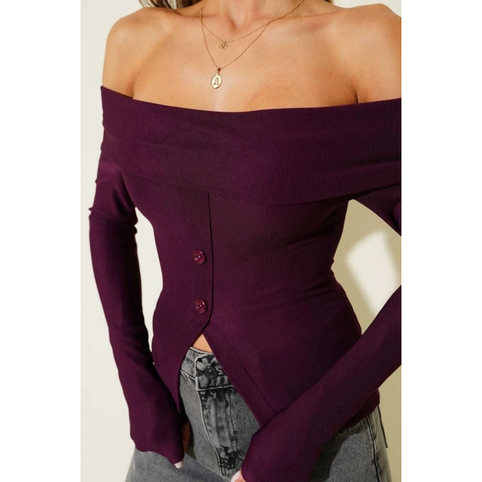 Madonna Yaka Düğmeli Bluz Mürdüm