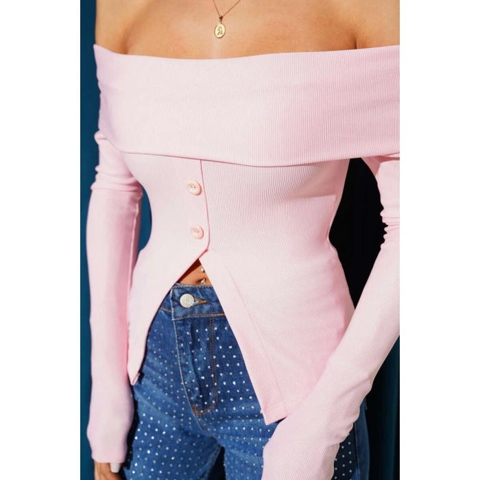 Madonna Yaka Düğmeli Bluz pembe