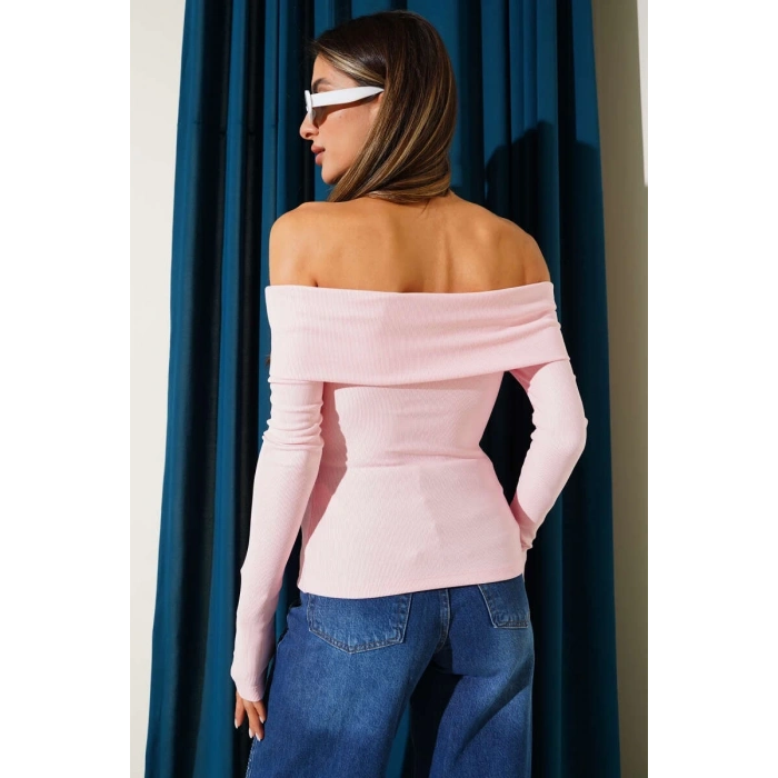 Madonna Yaka Düğmeli Bluz pembe