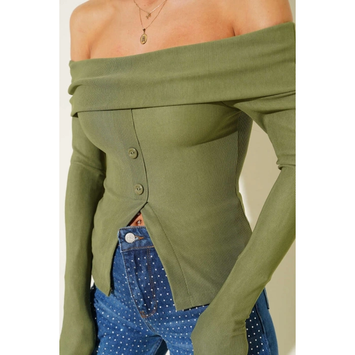 Madonna Yaka Düğmeli Bluz yeşil