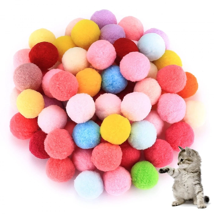 Mini Ponpon Kedi Oyuncak Topu 5 cm ( 2 Adet ) – Yumuşak Renkli Sessiz Kedi Oyun Topu