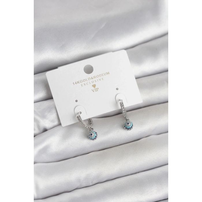 Minimal Nazarlı Model Gümüş Renk Zirkon Taşlı Kadın Küpe