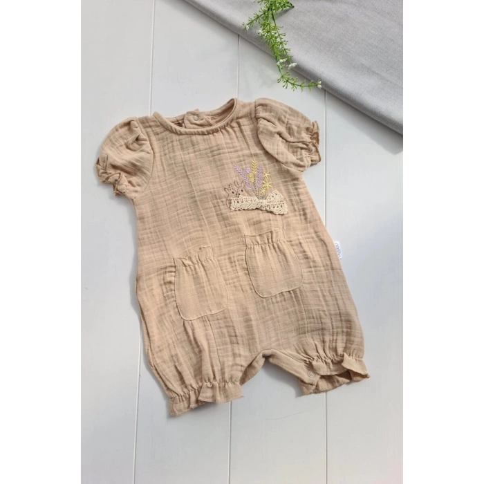 Müslin Kumaş Çiçek Nakışlı Pamuklu Kız Bebek Tulum