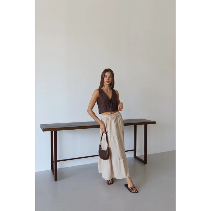Müslin kumaş keten uzun etek bej pt