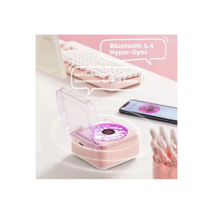 Nostalji Mini Plak Görünümlü Ralu Bluetooth Hoparlör 3d Ses Daası Retro Müzik Plak Pembe