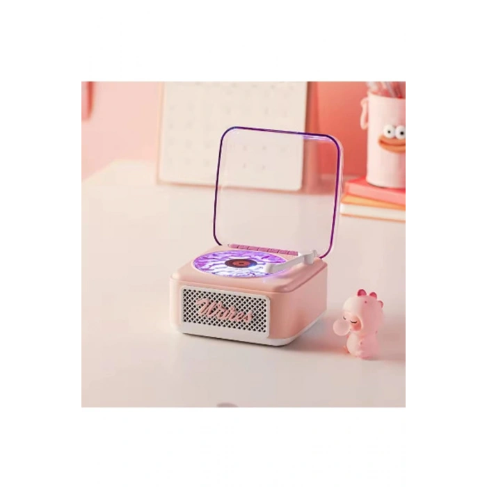 Nostalji Mini Plak Görünümlü Ralu Bluetooth Hoparlör 3d Ses Daası Retro Müzik Plak Pembe