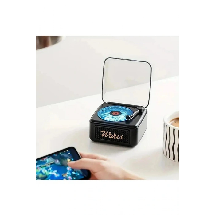 Nostalji Mini Plak Görünümlü Ralu Bluetooth Hoparlör 3d Ses Daası Retro Müzik Plak Siyah