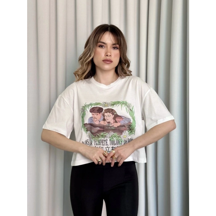 Oversize Beyaz baskılı crop tişört