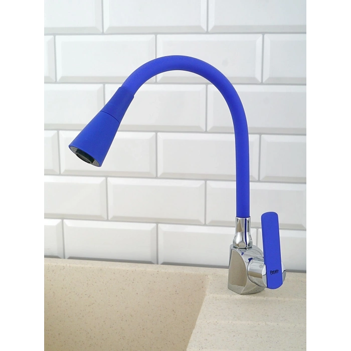 Oynar Başlıklı Çelik Spiral Üzeri Silikon Kaplama Musluk Başlığı Kobra Fonksiyonlu Musluk - Mavi