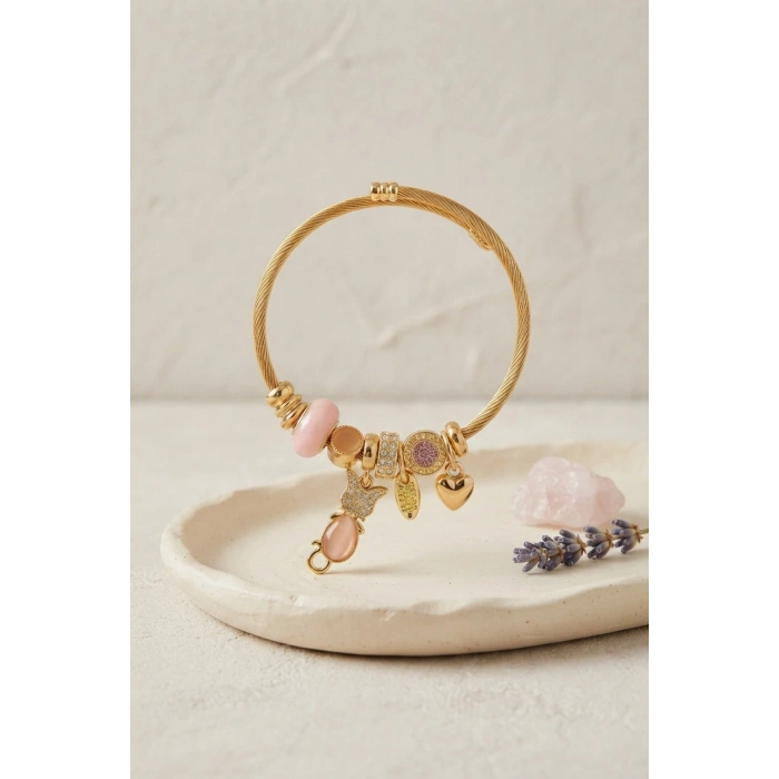 Pembe Kedi Model Gold Renk Charmlı Bileklik
