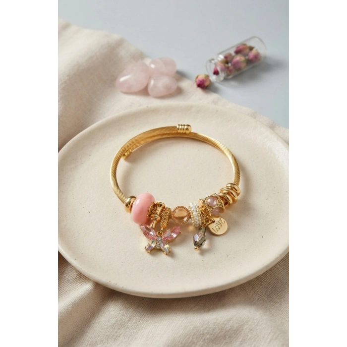 Pembe Kelebek Model Charmlı Bileklik