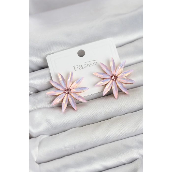 Pembe Kristal Taşlı Lotus Model Kadın Küpe