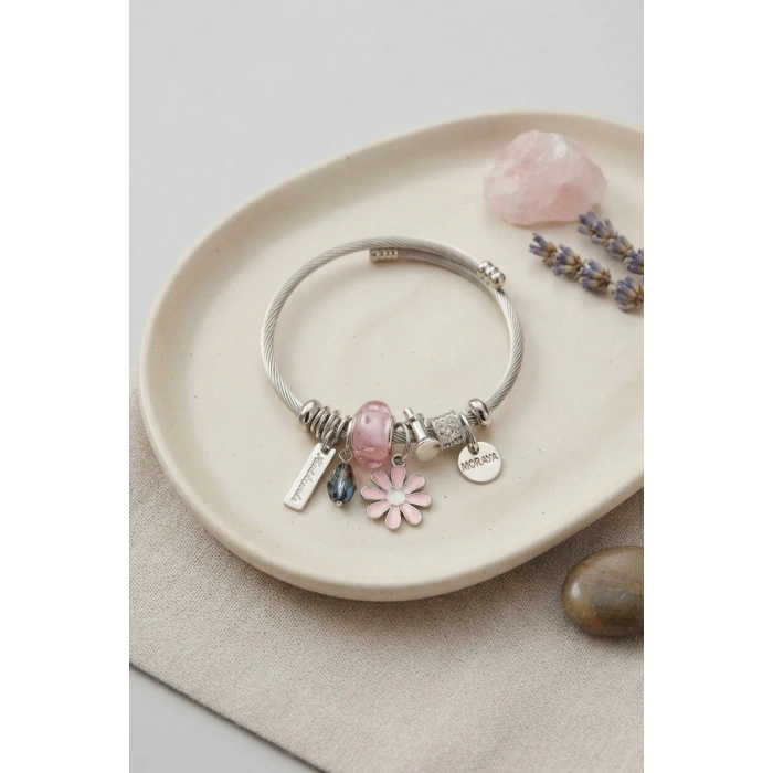 Pembe Papatya Charmlı Gümüş Renk Bileklik