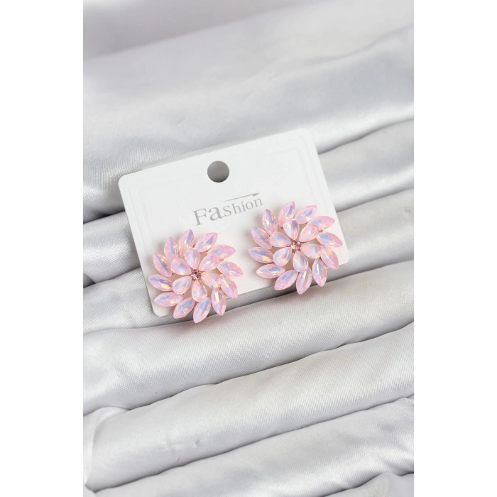 Pembe Renk Kristal Taşlı Çiçek Model Kadın Küpe