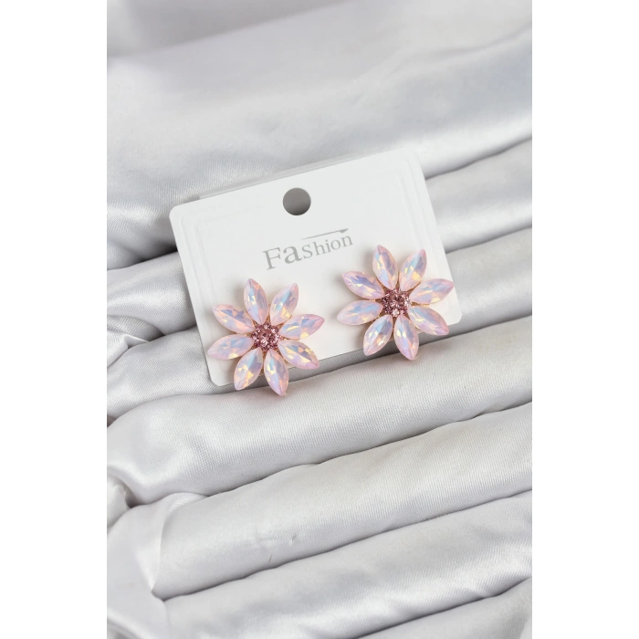 Pembe Renk Kristal Taşlı Lotus Çiçek Model Kadın Küpe