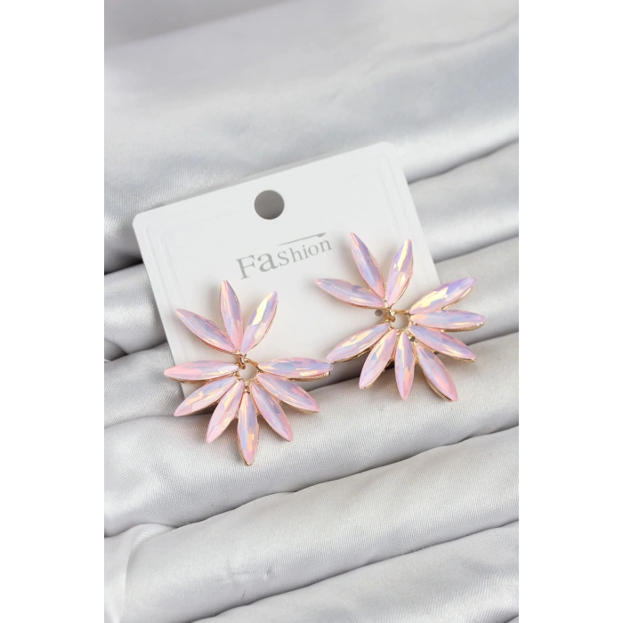 Pembe Renk Kristal Taşlı Lotus Model Kadın Küpe