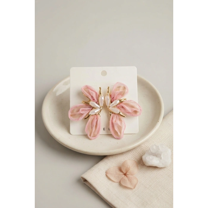 Pembe Renk Orkide Model Organze Küpe