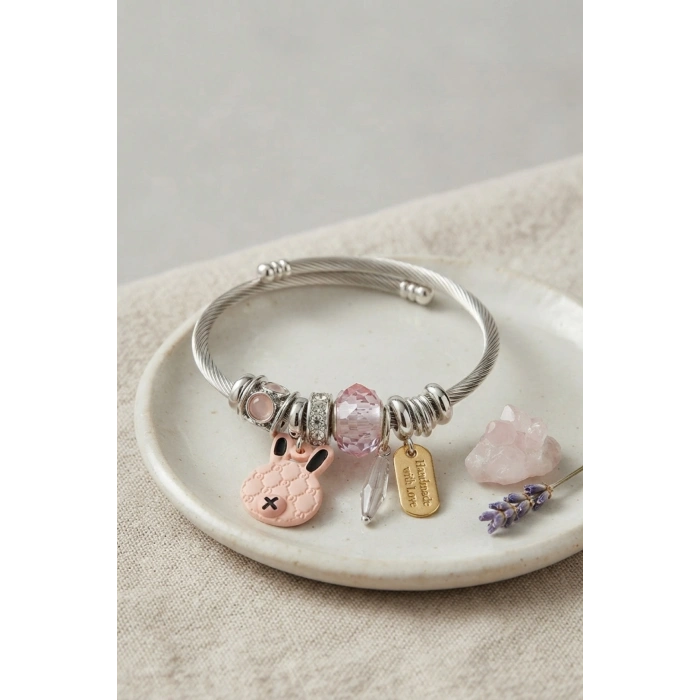 Pembe Şans Tavşanı Charmlı Bileklik