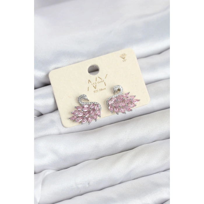 Pembe Zirkon Taşlı Gümüş Swan Kuğu Model Kadın Küpe
