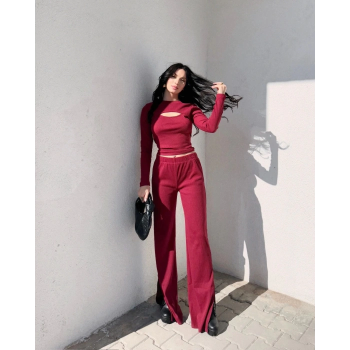 Pencereli detaylı alt üst takım bordo