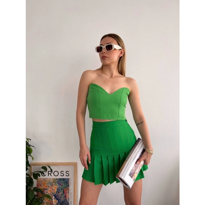 Pileli düğmeli etek açık yeşil s24811