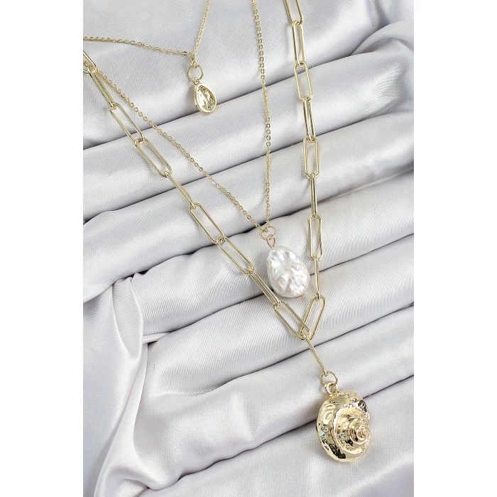 Pirinç Çoklu Zincirli İncili Deniz Kabuğu Model Gold Renk Kadın Kolye