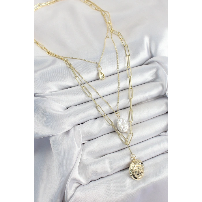 Pirinç Çoklu Zincirli İncili Deniz Kabuğu Model Gold Renk Kadın Kolye