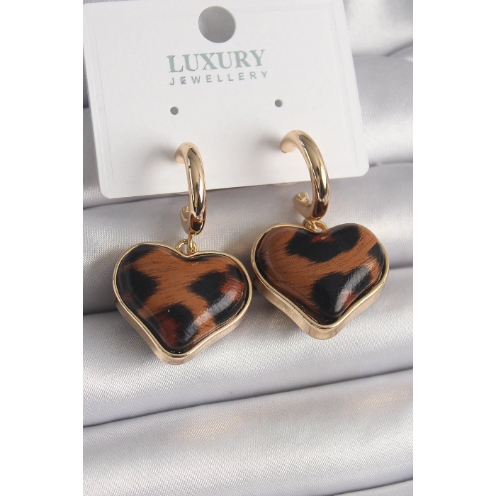 Pirinç Gold Renk 3D Kalp Leopar Desen Model Kadın Küpe