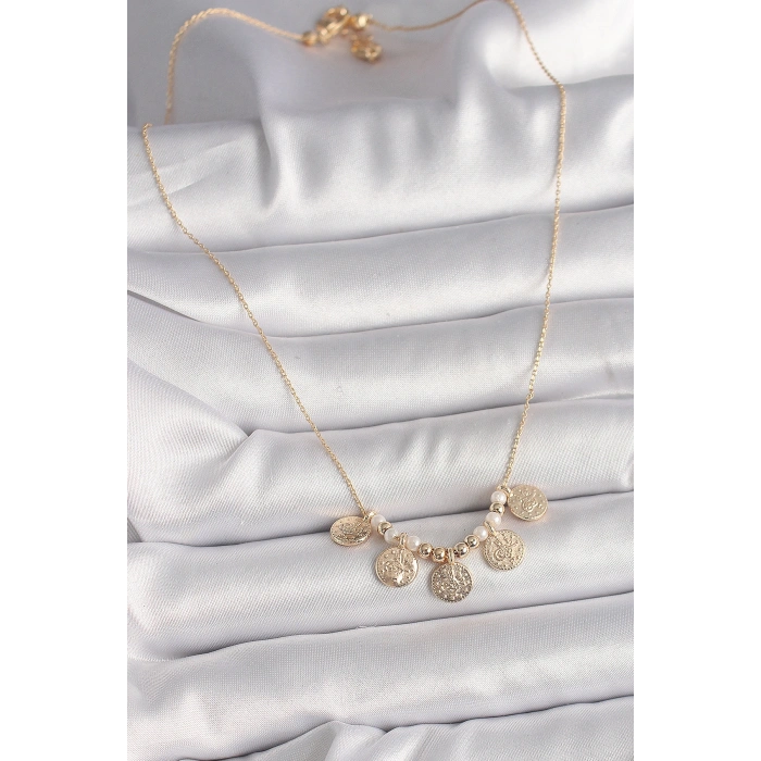 Pirinç Gold Renk 5Li Osmanlı Tuğra Figür İnci Detay Kadın Kolye