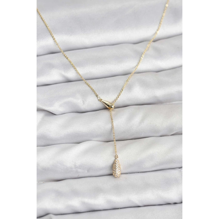 Pirinç Gold Renk Asansörlü Damla Model Kadın Kolye