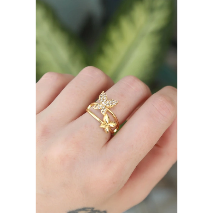 Pirinç Gold Renk Ayarlanabilir Zirkon Taşlı Kelebek Yüzük