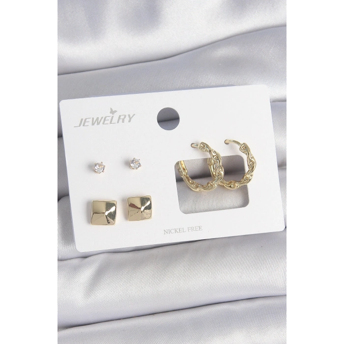 Pirinç Gold Renk Burgu Halka Model Zirkon Taşlı Kare Detay 3 Çift Kadın Küpe Seti
