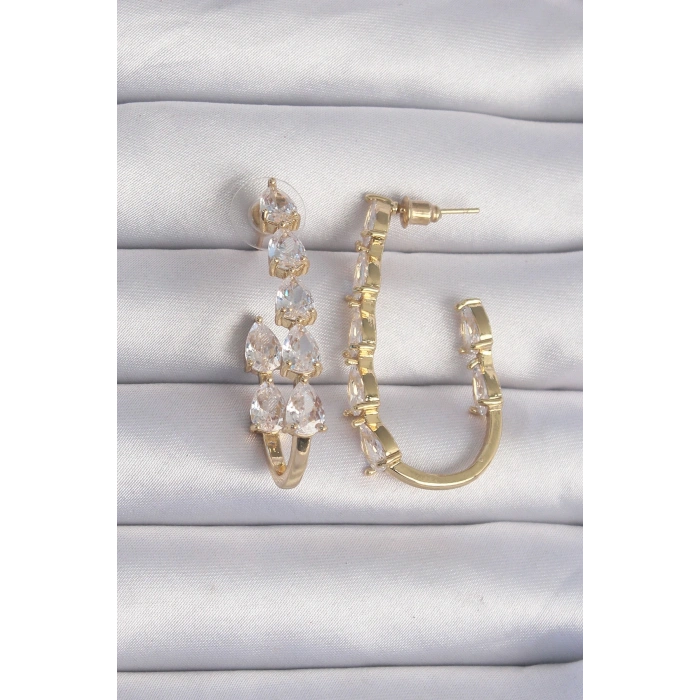 Pirinç Gold Renk Damla Zirkon Taş Tasarımlı Küpe