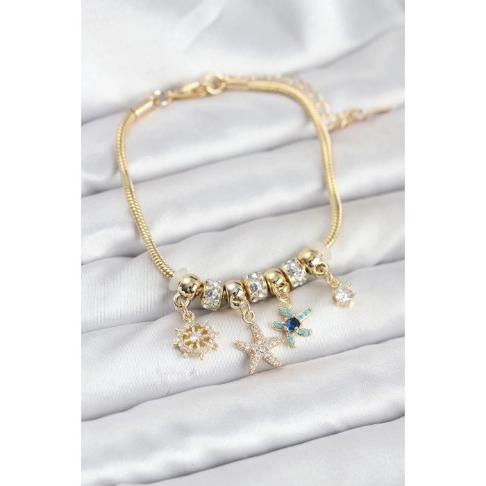 Pirinç Gold Renk Deniz Tema Charmlı Kadın Bileklik