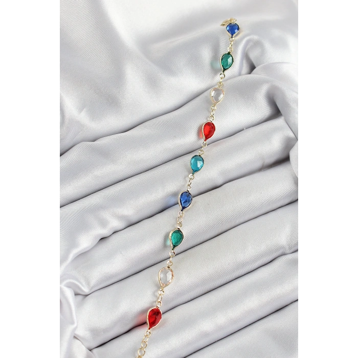 Pirinç Gold Renk Karışık Renk Damla Zirkon Taşlı Kadın Bileklik