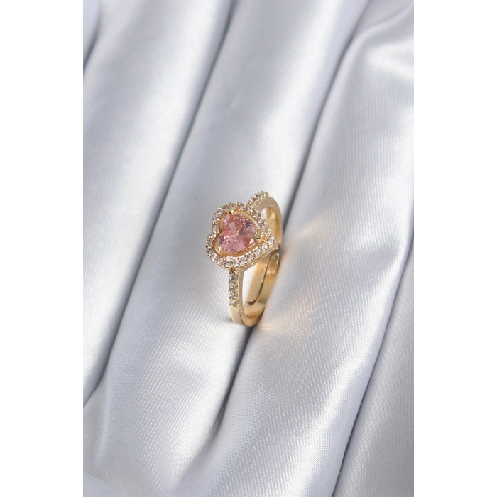 Pirinç Gold Renk Pembe Zirkon Taş Kalp Charm Model Kadın Yüzük