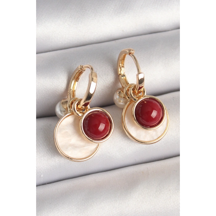 Pirinç Gold Renk Sallantı Beyaz Mineli Bordo Detay Kadın Küpe