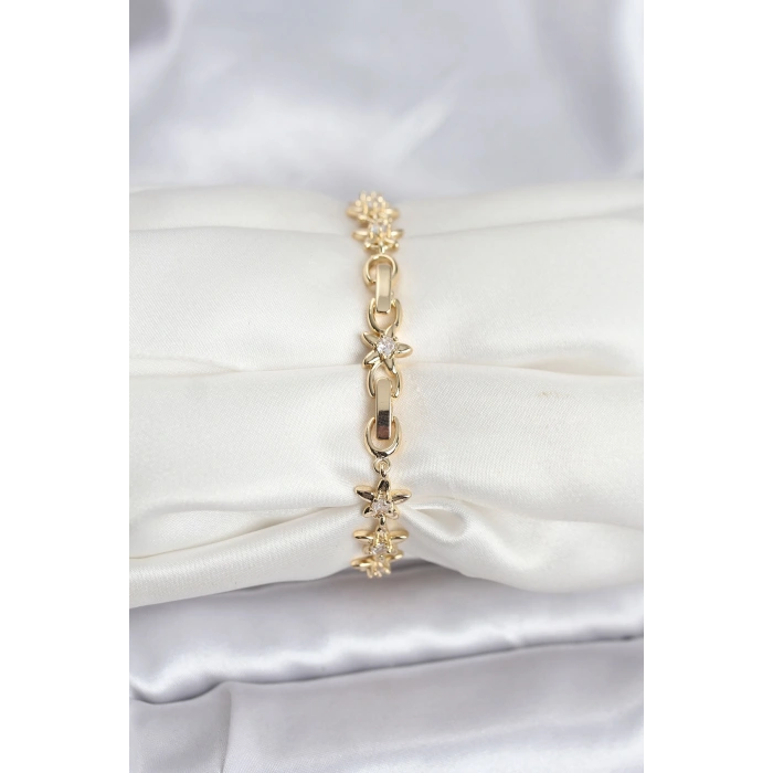 Pirinç Gold Renk VIP Seri Sıralı Taşlı Yıldız Model Zirkon Taşlı Kadın Bileklik