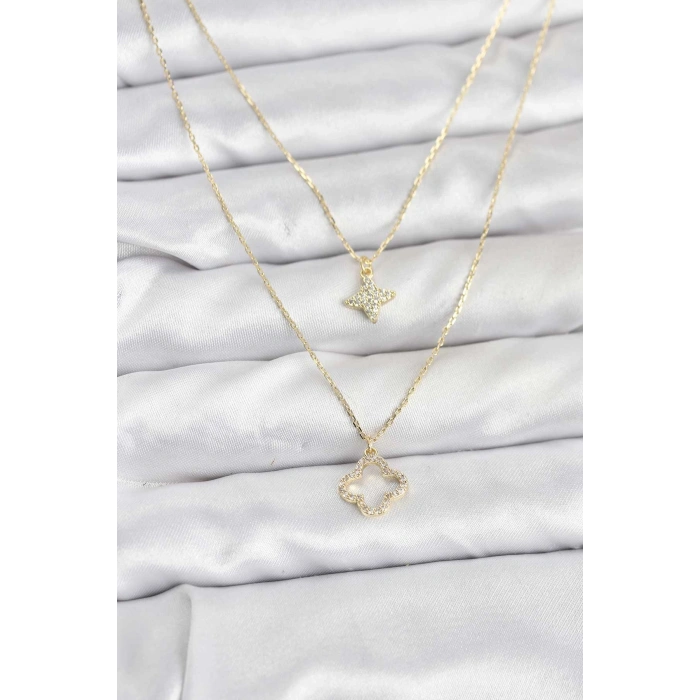 Pirinç Gold Renk Yonca Model 2li Kadın Kolye