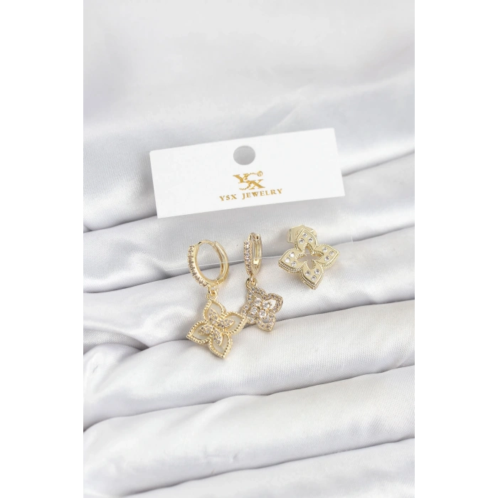 Pirinç Gold Renk Yonca Model YSX Trio Küpe Seti