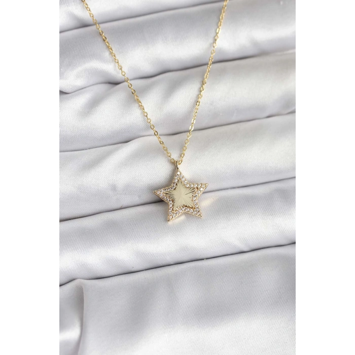 Pirinç Gold Renk Zincirli Yıldızlı Model Kadın Kolye